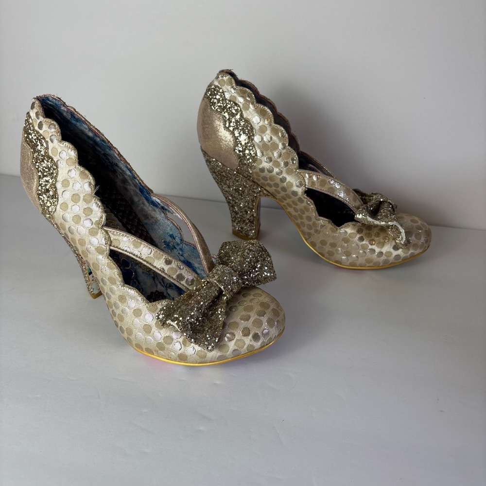 Gold Glitter Bow Heels Irregular Choice Champagne Party Occasion Pumps